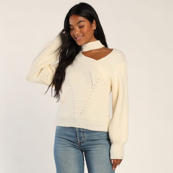 NEW Lulus Trendy Forecast Ivory Pointelle Knit Mock Neck Cutout Sweater Small - Picture 1 of 10